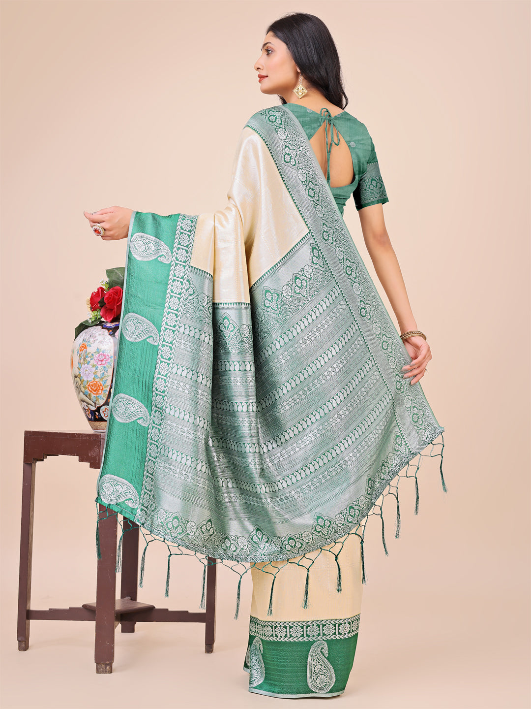 Light & Dark Cream Silk Saree with Rich Woven Border