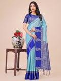 Dual-tone teal silk saree with intricate paisley motifs and a rich woven border.