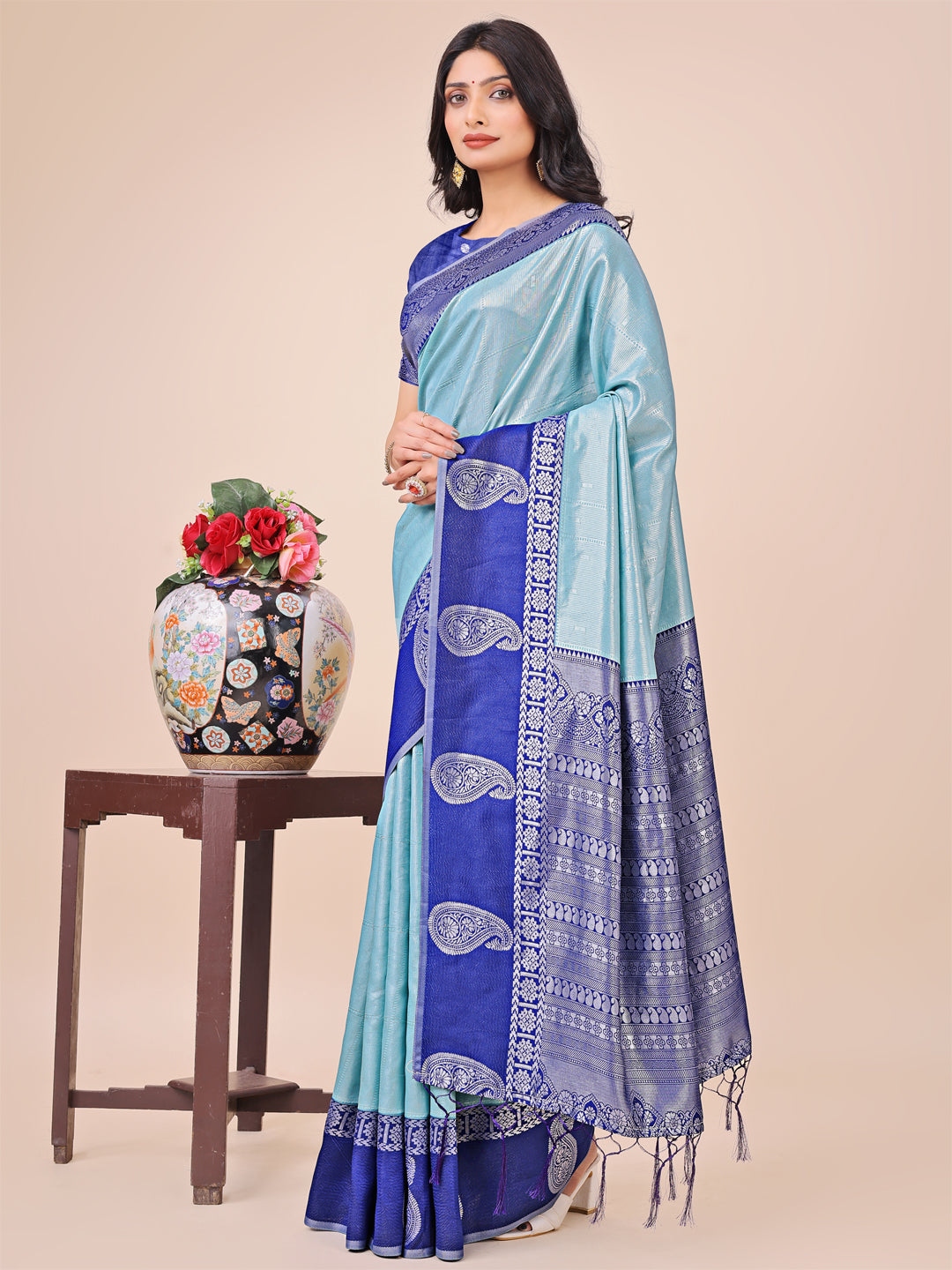 Dual-Tone Teal Silk Saree with Paisley Woven Border