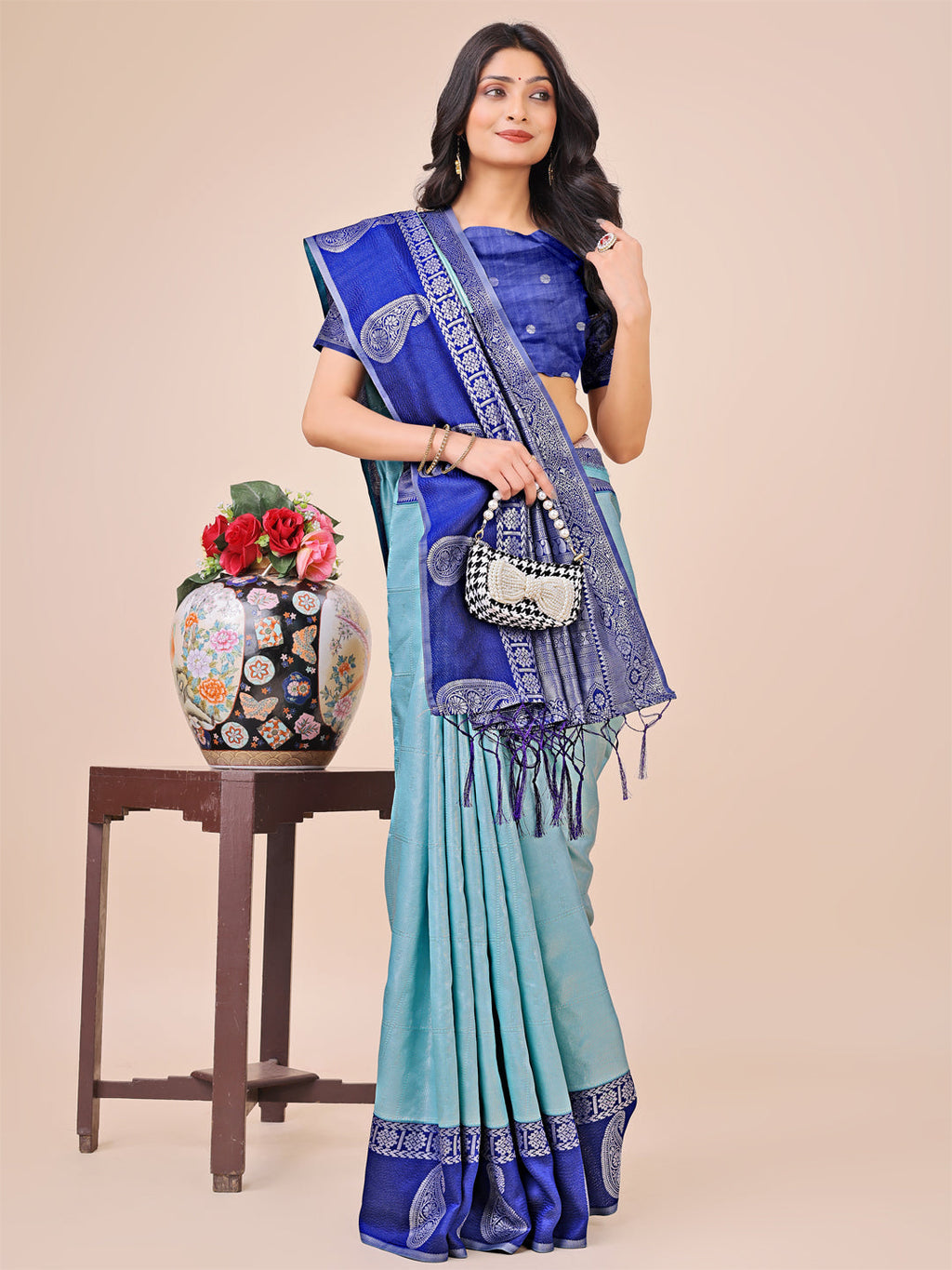 Dual-Tone Teal Silk Saree with Paisley Woven Border