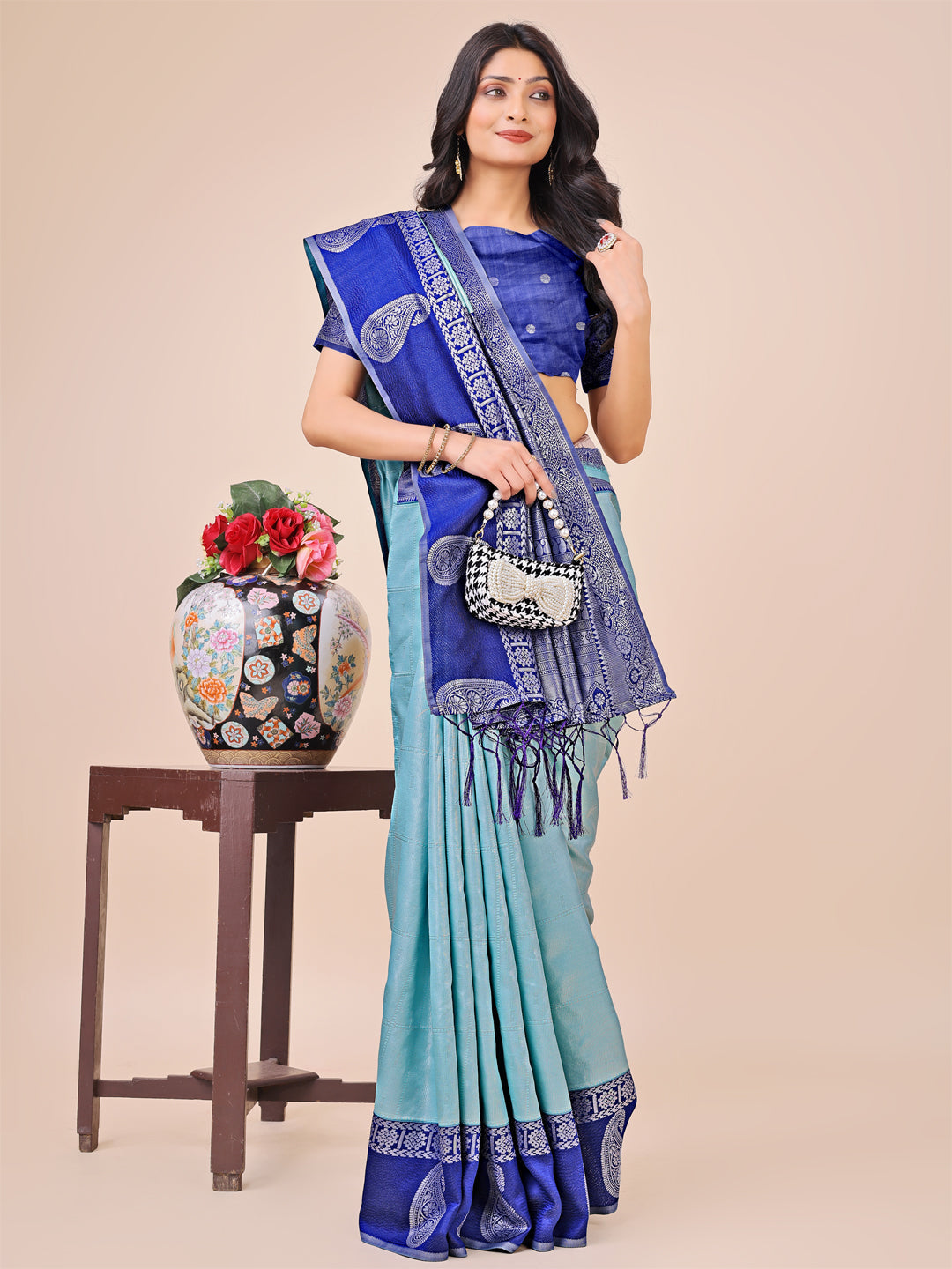 Dual-Tone Teal Silk Saree with Paisley Woven Border