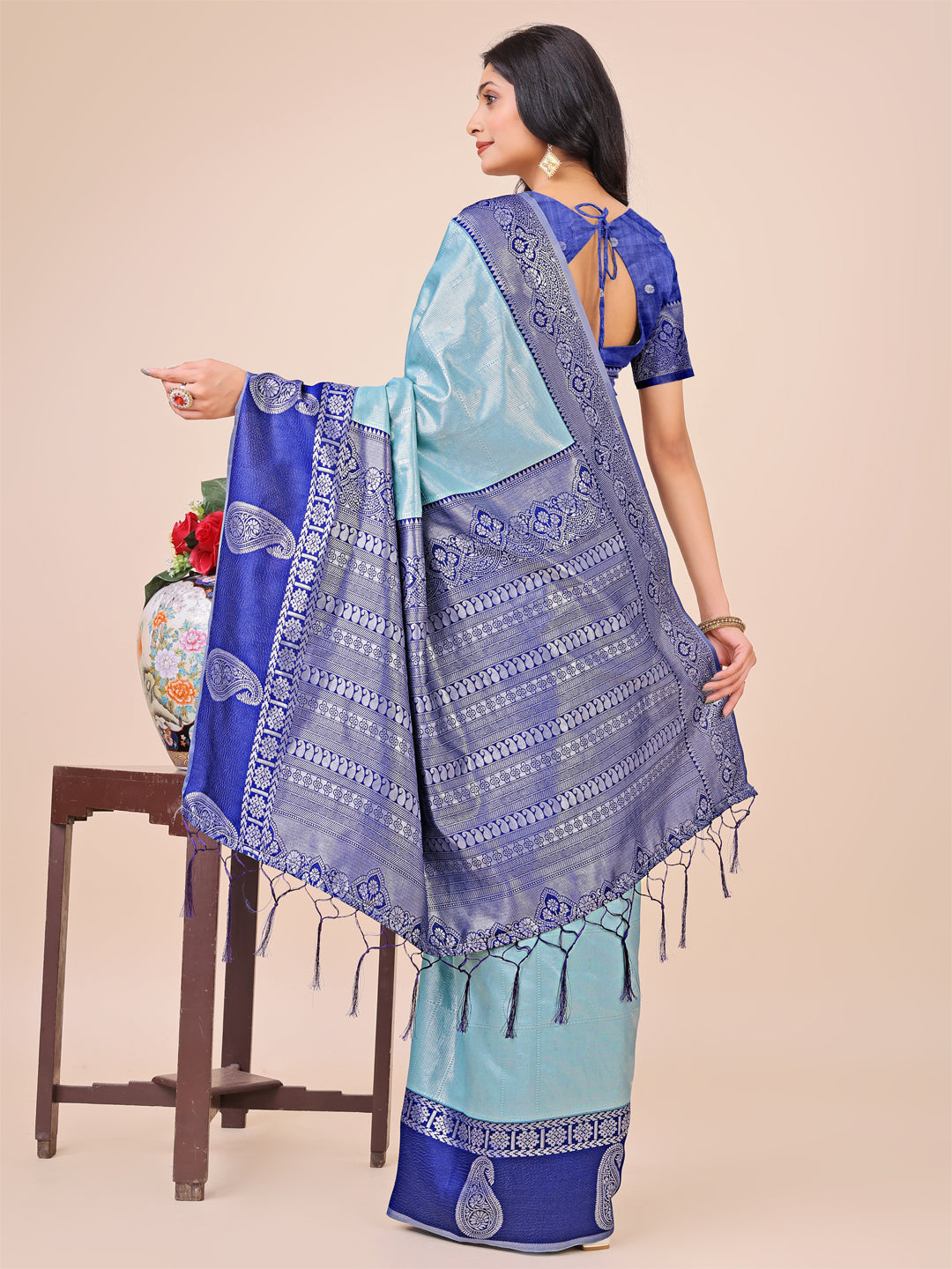 Dual-Tone Teal Silk Saree with Paisley Woven Border