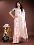 White and pink cotton saree with zari woven borders and decorative tassels
