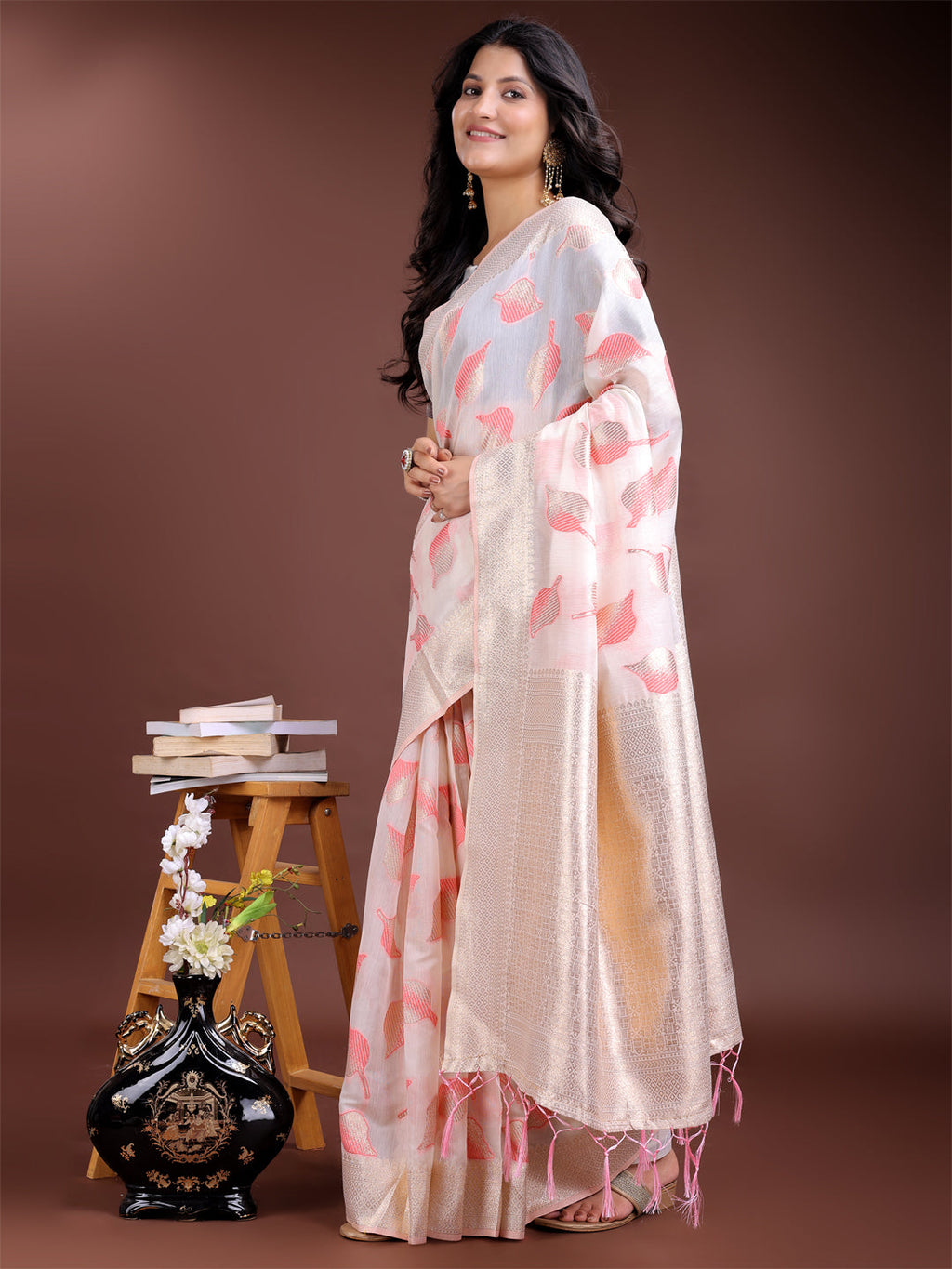 White & Pink Cotton Zari Woven Tassel Saree for Festive Wear
