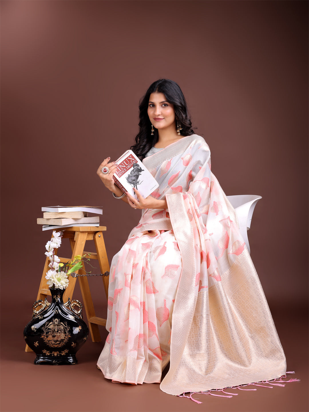 White & Pink Cotton Zari Woven Tassel Saree for Festive Wear