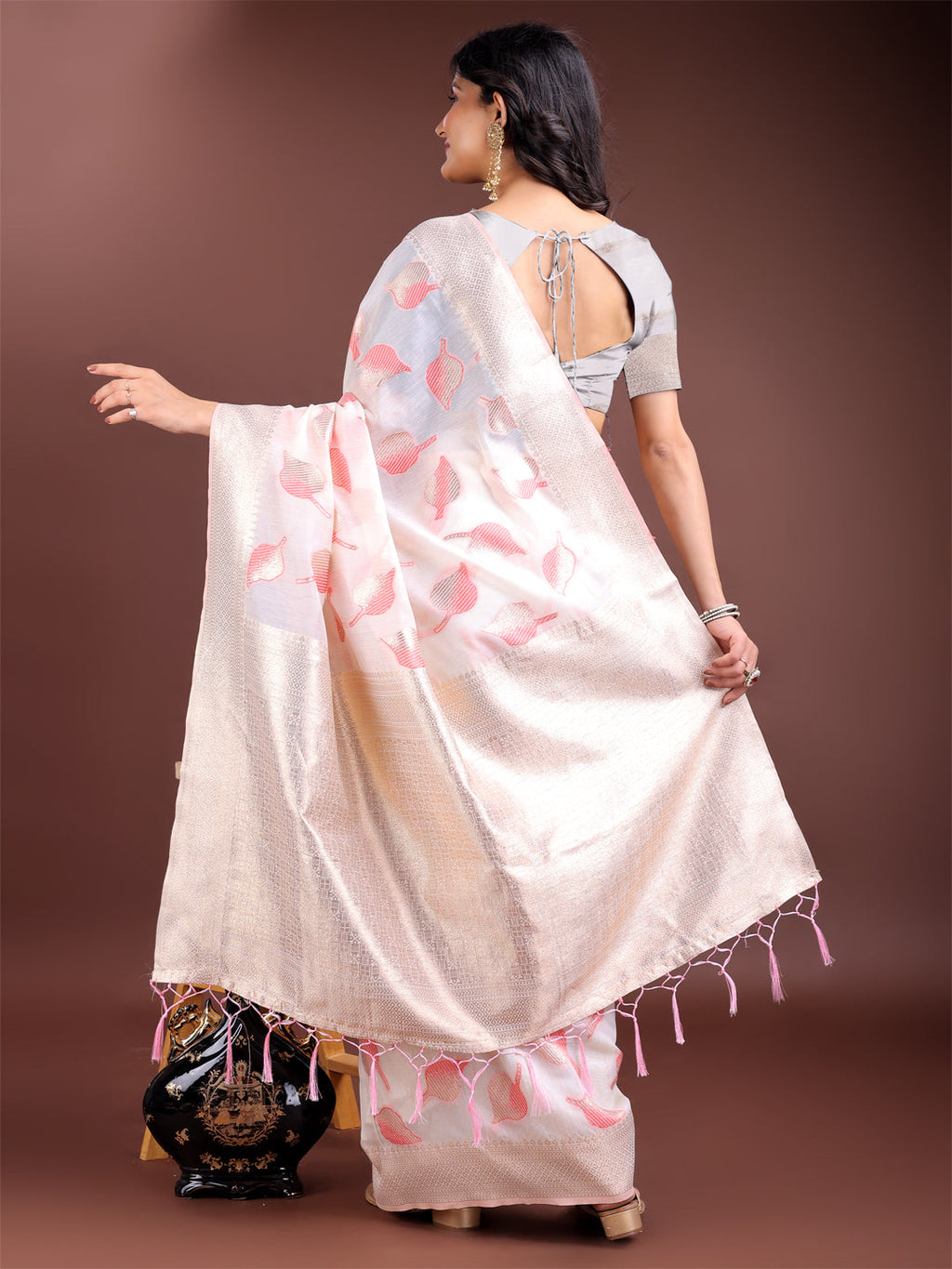 White & Pink Cotton Zari Woven Tassel Saree for Festive Wear