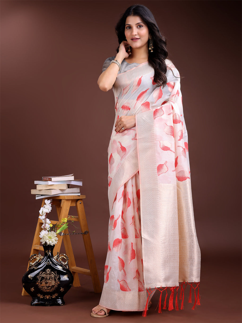 White & Red Cotton Saree with Woven Zari and Tassel Details