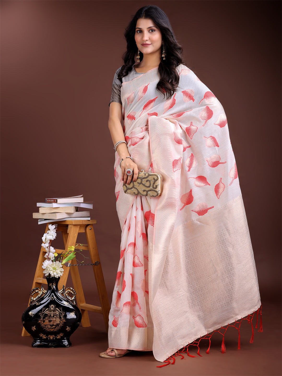 White & Red Cotton Saree with Woven Zari and Tassel Details