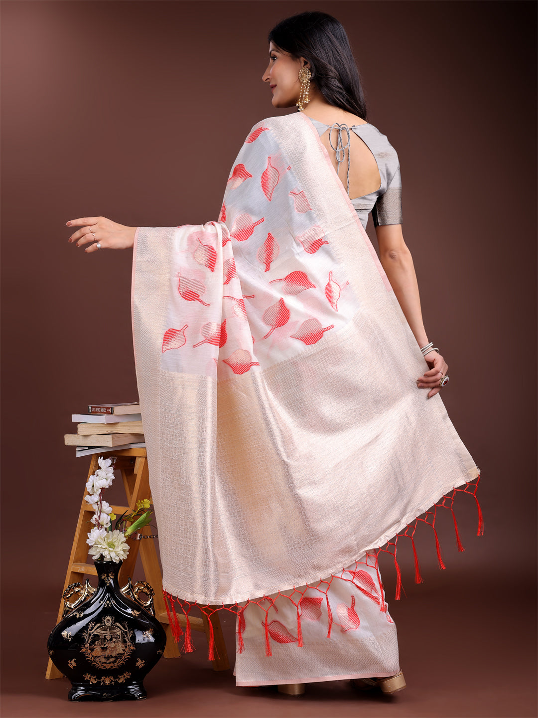 White & Red Cotton Saree with Woven Zari and Tassel Details