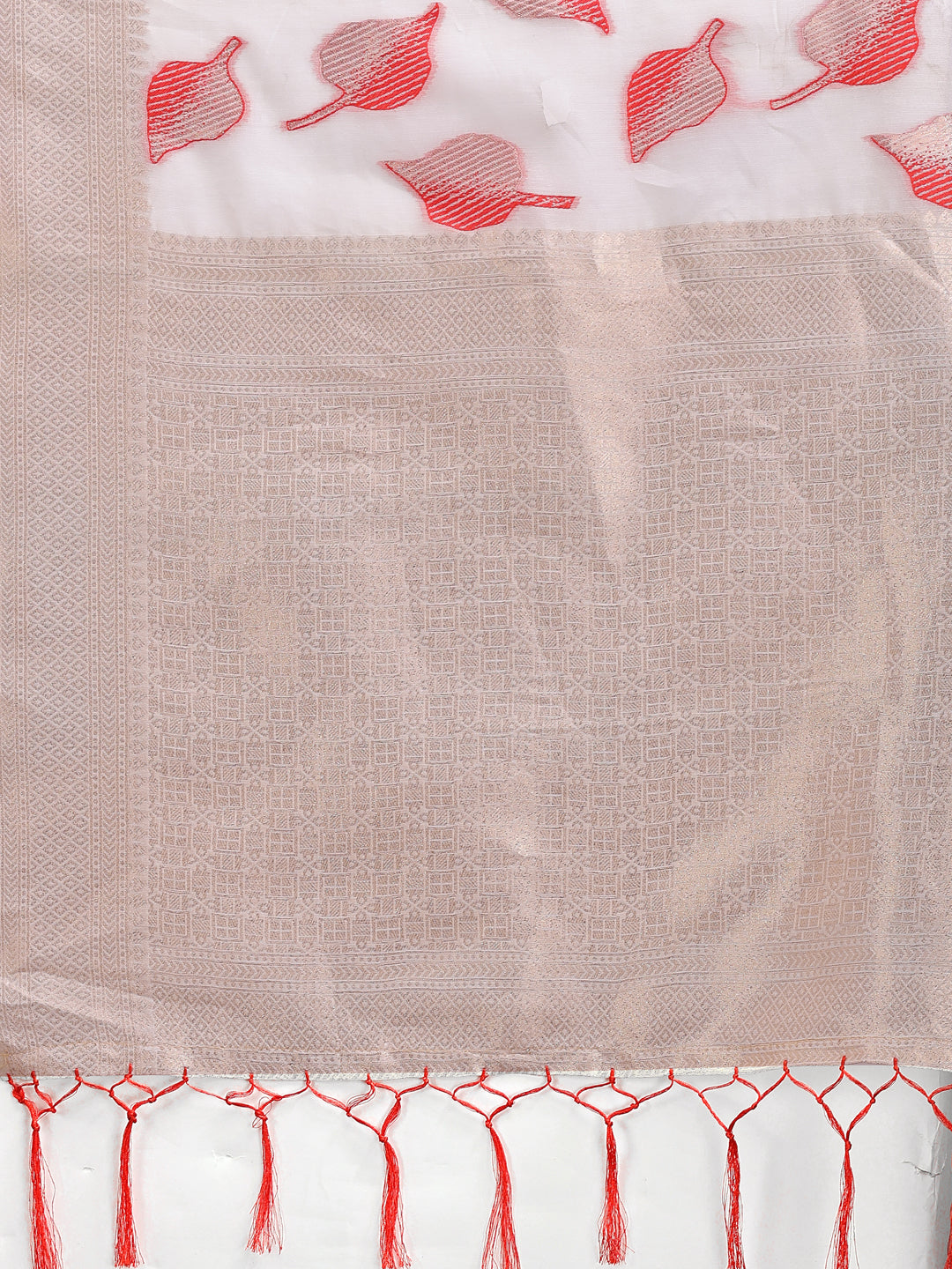 White & Red Cotton Saree with Woven Zari and Tassel Details