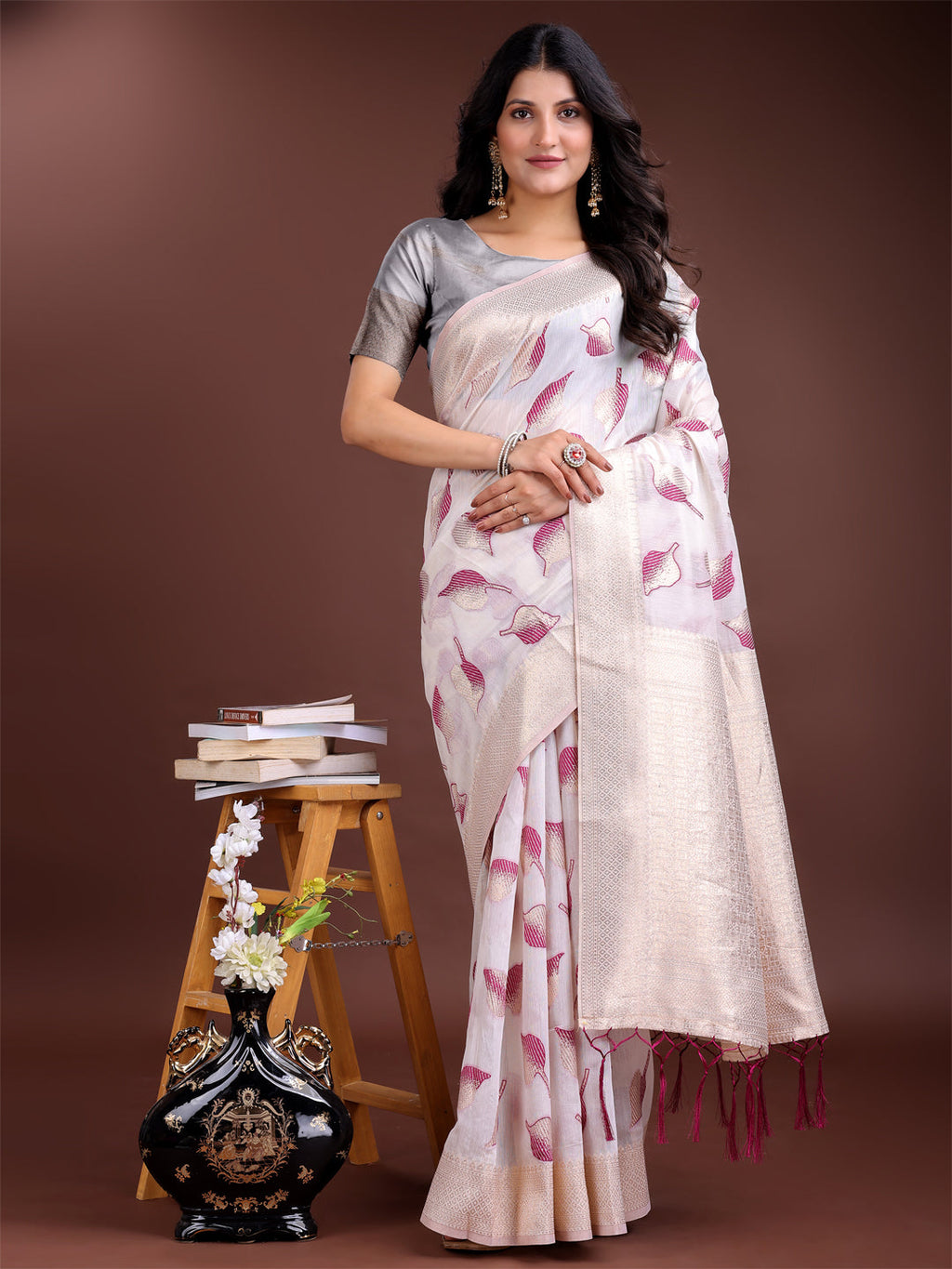 White & Purple Cotton Woven Zari Work Saree with Tassels