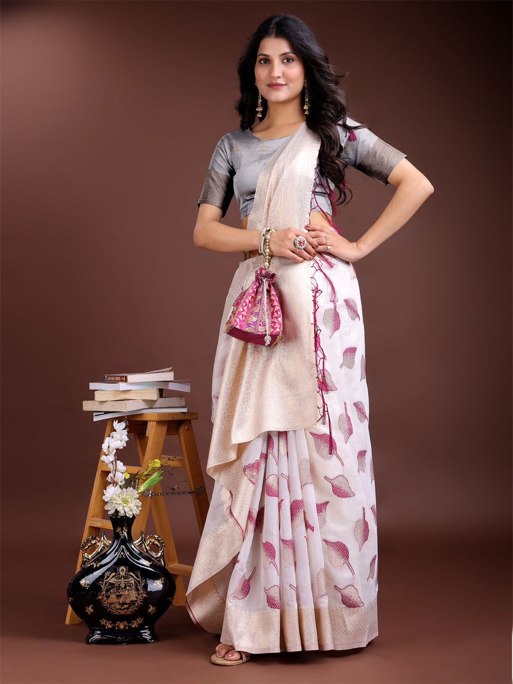 White & Purple Cotton Woven Zari Work Saree with Tassels