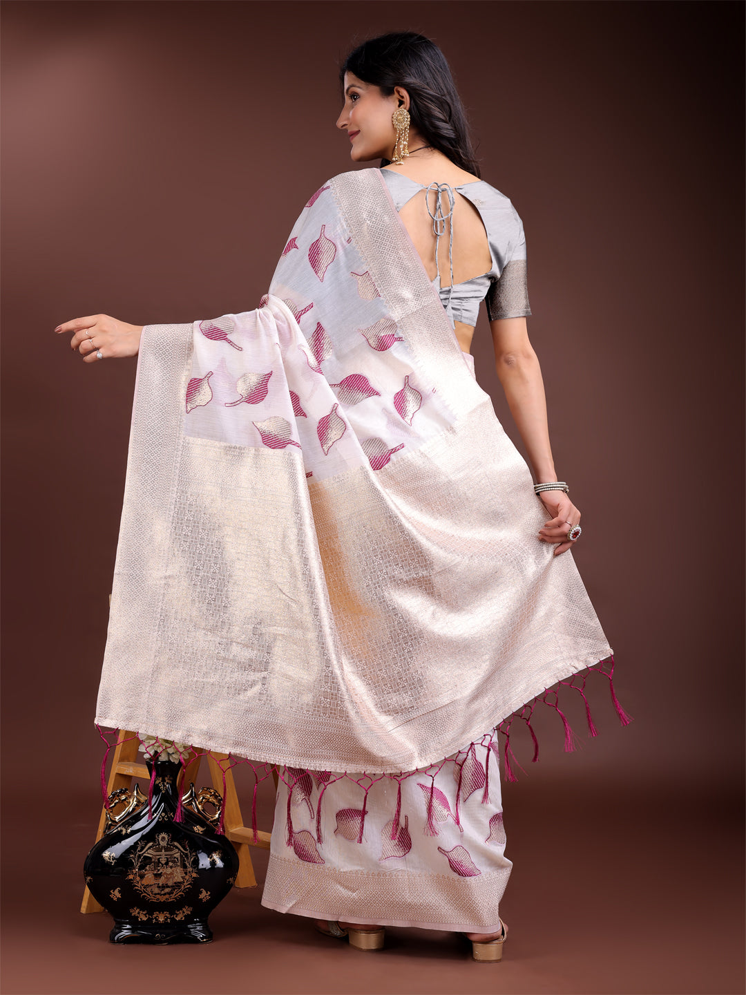 White & Purple Cotton Woven Zari Work Saree with Tassels