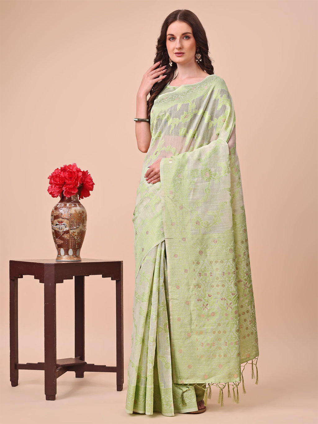 Beige & Light Green Banarasi Cotton Saree with Floral Zari Work