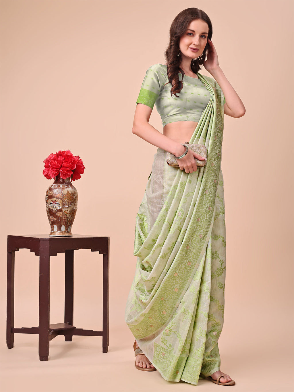 Beige & Light Green Banarasi Cotton Saree with Floral Zari Work
