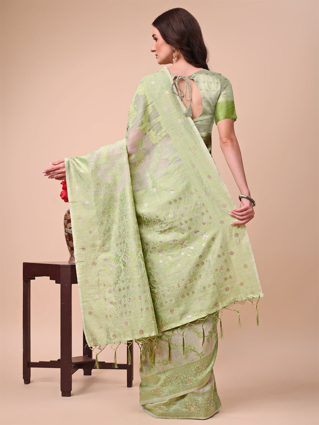 Beige & Light Green Banarasi Cotton Saree with Floral Zari Work
