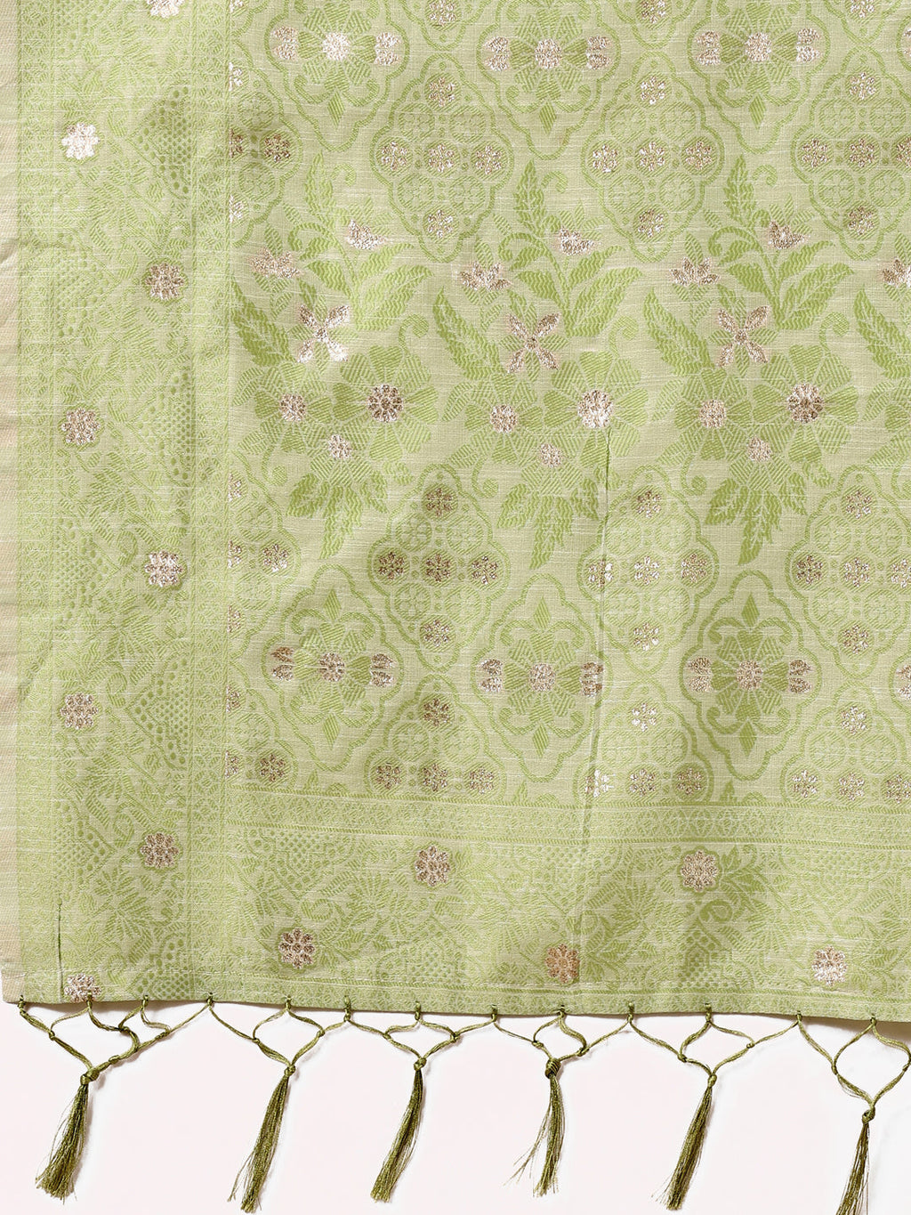 Beige & Light Green Banarasi Cotton Saree with Floral Zari Work