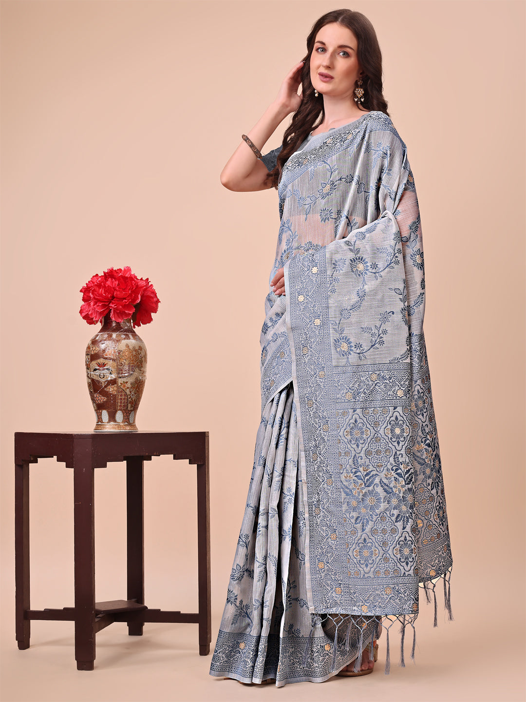 Beige & Grey Banarasi Cotton Saree with Floral Zari Details