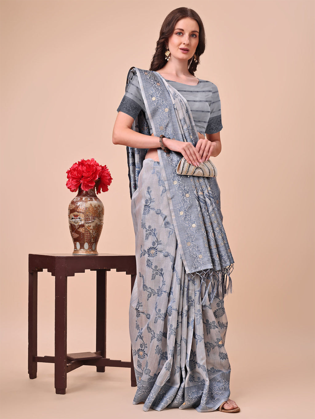 Beige & Grey Banarasi Cotton Saree with Floral Zari Details