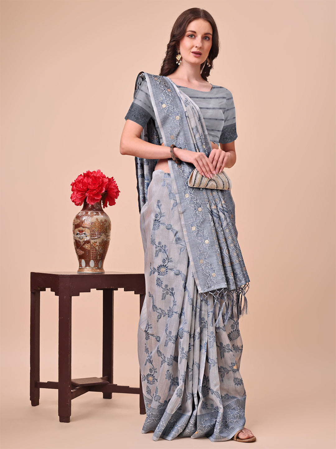 Beige & Grey Banarasi Cotton Saree with Floral Zari Details