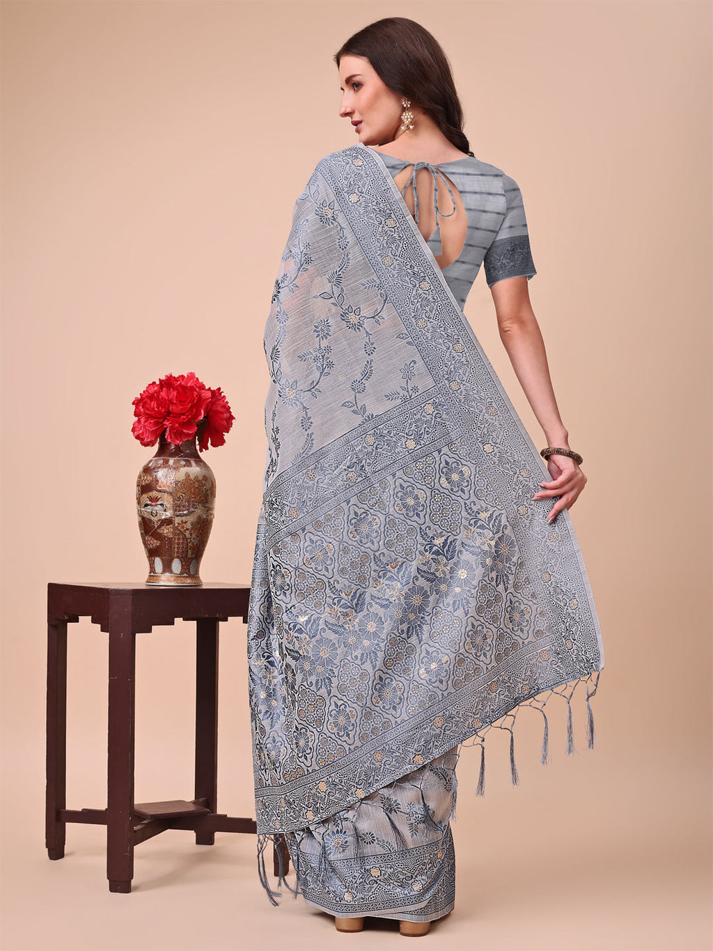 Beige & Grey Banarasi Cotton Saree with Floral Zari Details