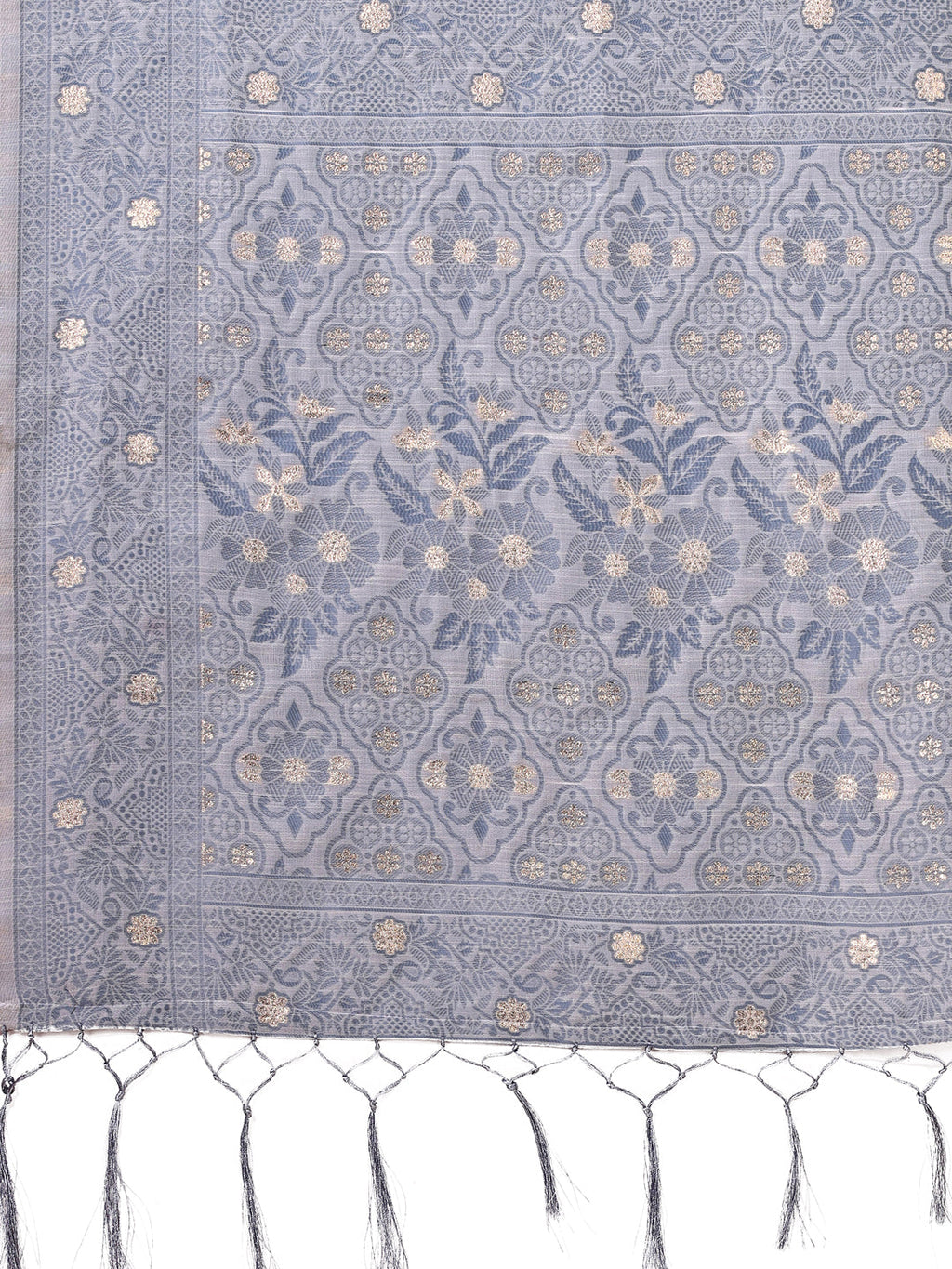 Beige & Grey Banarasi Cotton Saree with Floral Zari Details