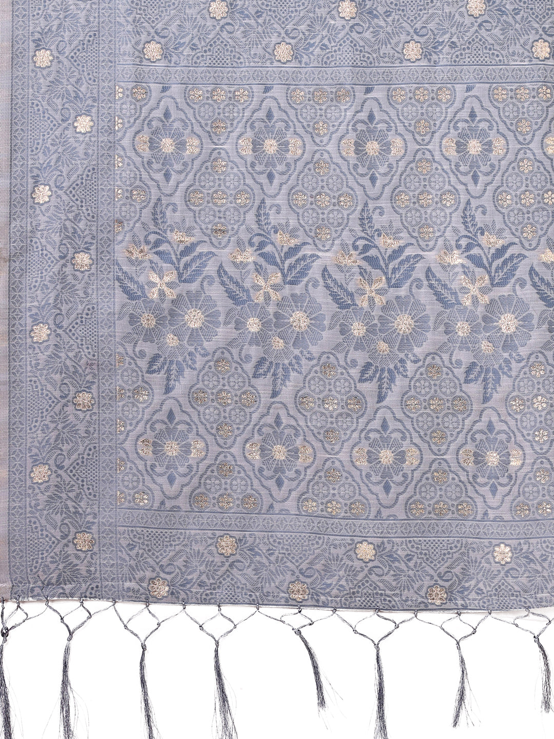 Beige & Grey Banarasi Cotton Saree with Floral Zari Details