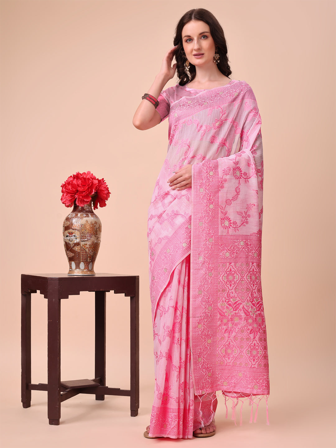 Beige and Pink Banarasi cotton saree with intricate floral zari work