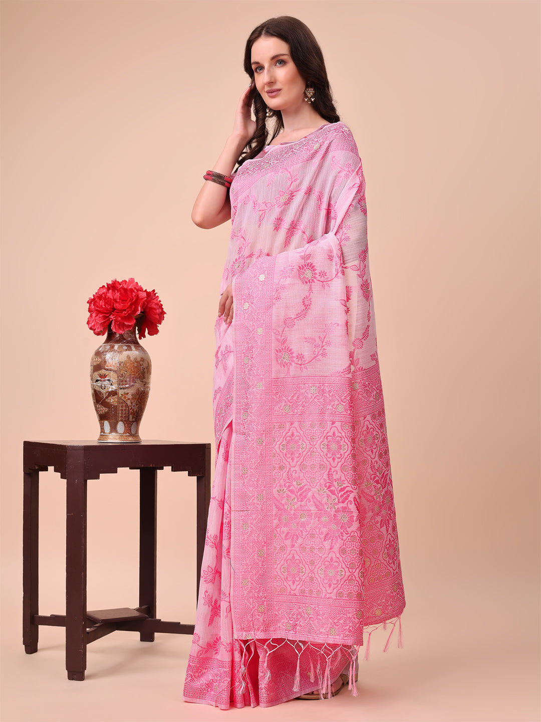 Beige & Pink Banarasi Cotton Saree with Floral Zari Work