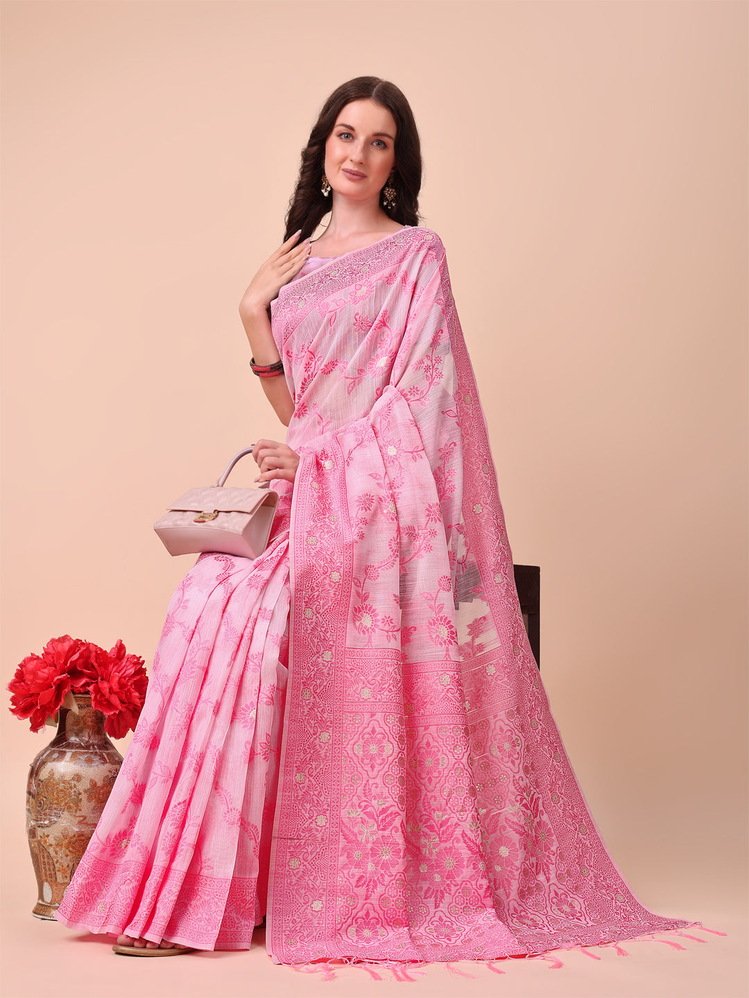 Beige & Pink Banarasi Cotton Saree with Floral Zari Work