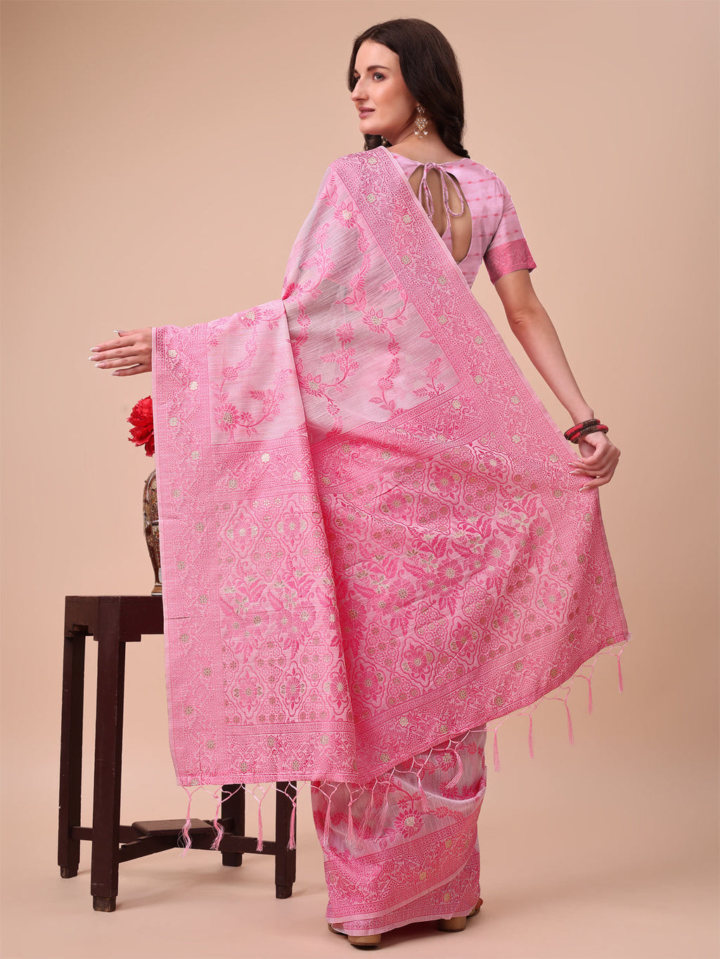 Beige & Pink Banarasi Cotton Saree with Floral Zari Work