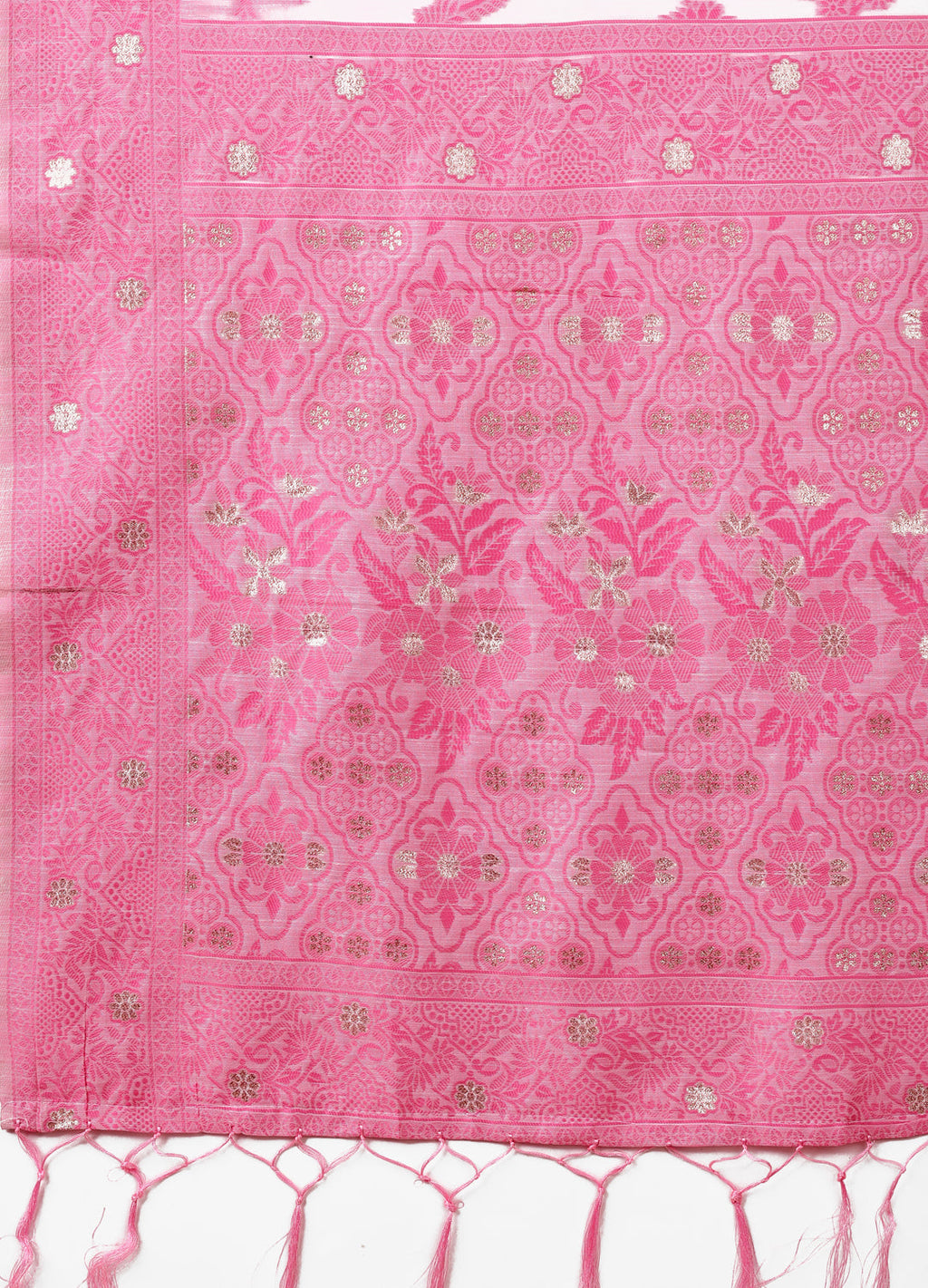 Beige & Pink Banarasi Cotton Saree with Floral Zari Work