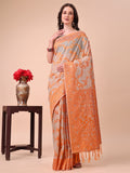 Beige and orange Banarasi cotton saree with floral zari patterns and traditional pallu