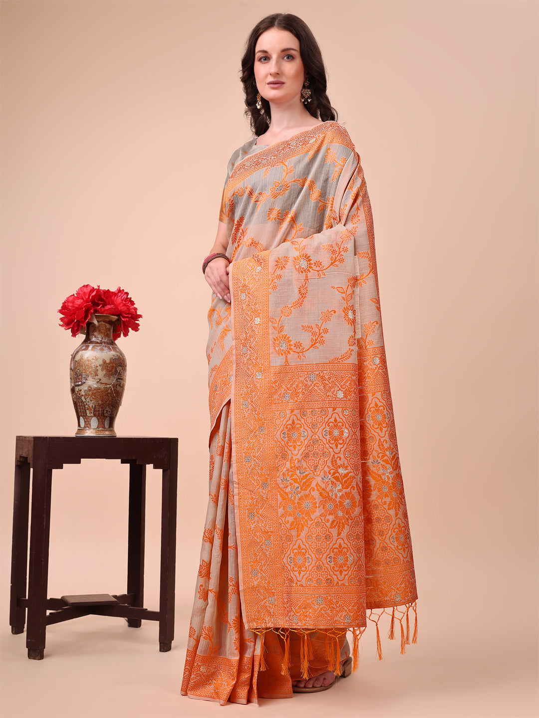 Beige & Orange Banarasi Cotton Saree with Floral Zari Work