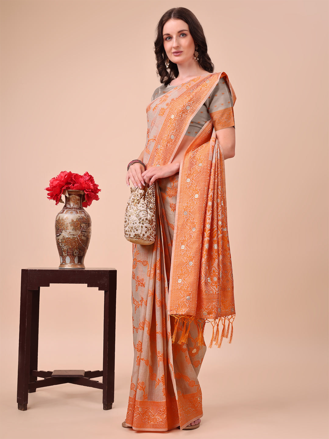 Beige & Orange Banarasi Cotton Saree with Floral Zari Work