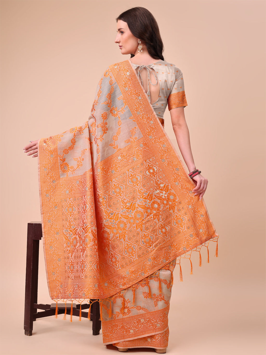 Beige & Orange Banarasi Cotton Saree with Floral Zari Work