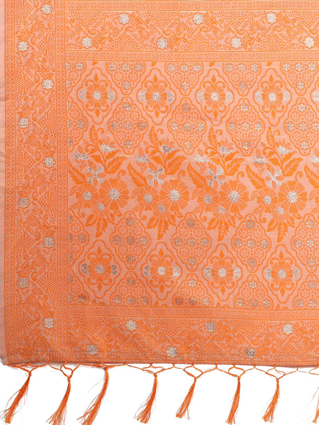 Beige & Orange Banarasi Cotton Saree with Floral Zari Work