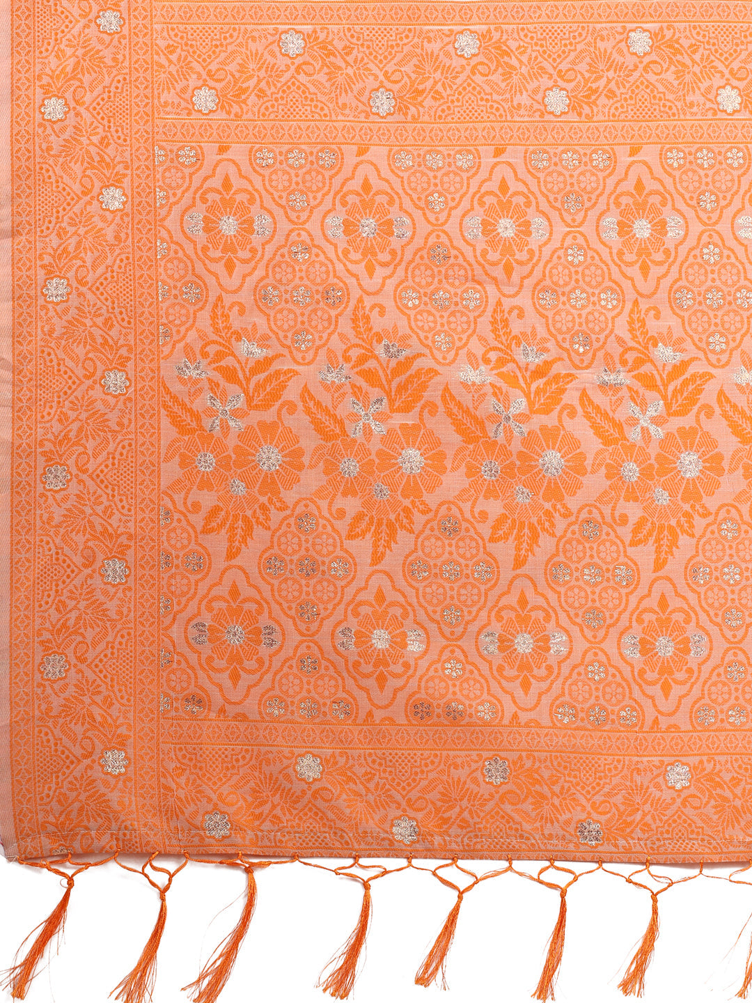 Beige & Orange Banarasi Cotton Saree with Floral Zari Work