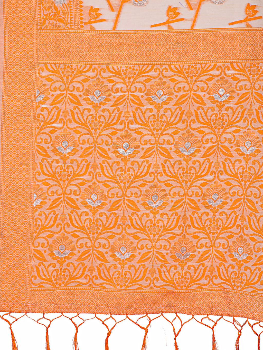 Orange Lichi Silk Saree with Floral Weaving and Tassel Pallu