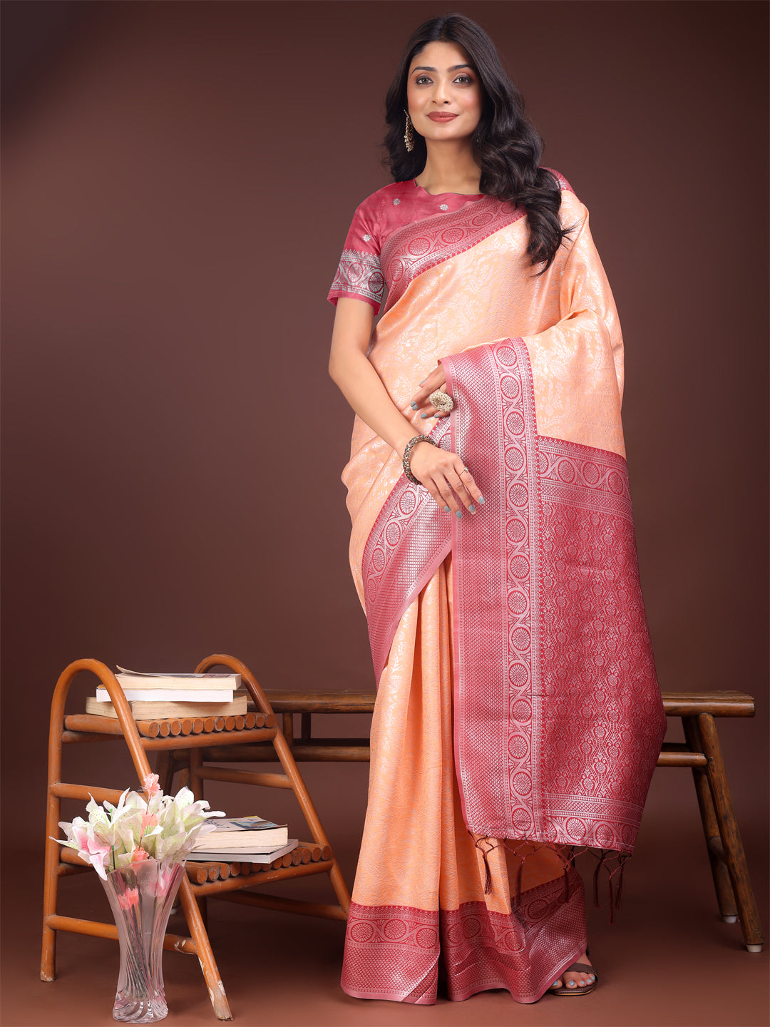Orange and Maroon Banarasi silk saree featuring a gold zari woven border