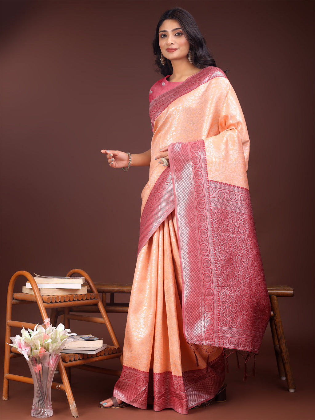 Orange & Maroon Banarasi Silk Saree with Zari Woven Border