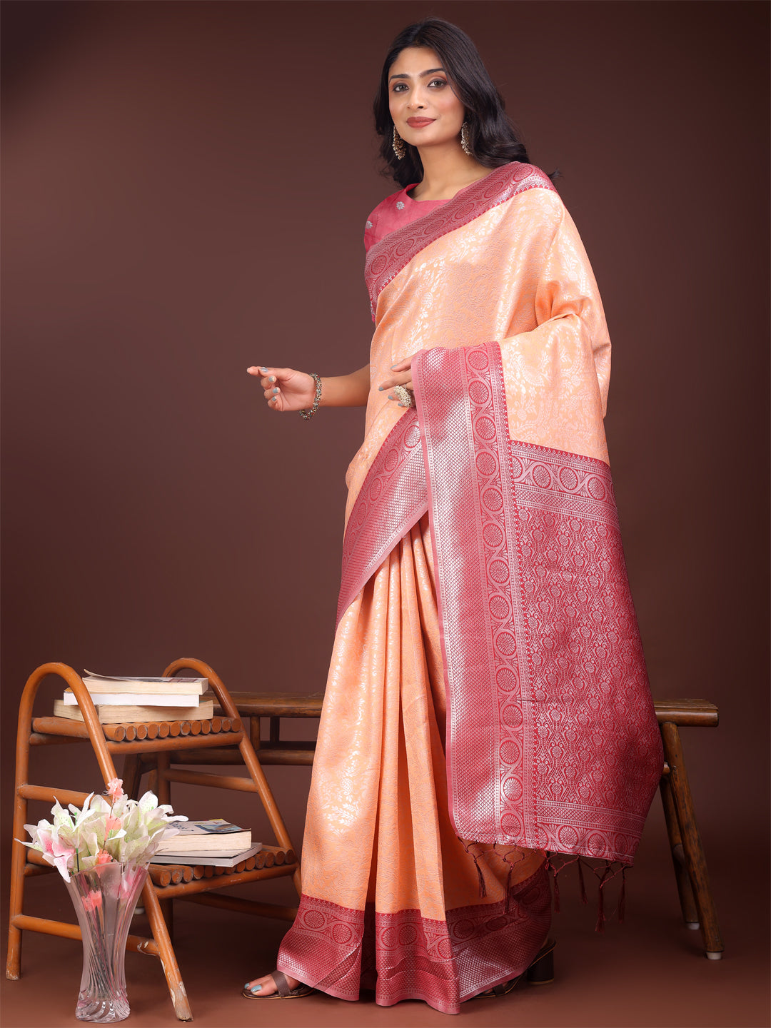 Orange & Maroon Banarasi Silk Saree with Zari Woven Border