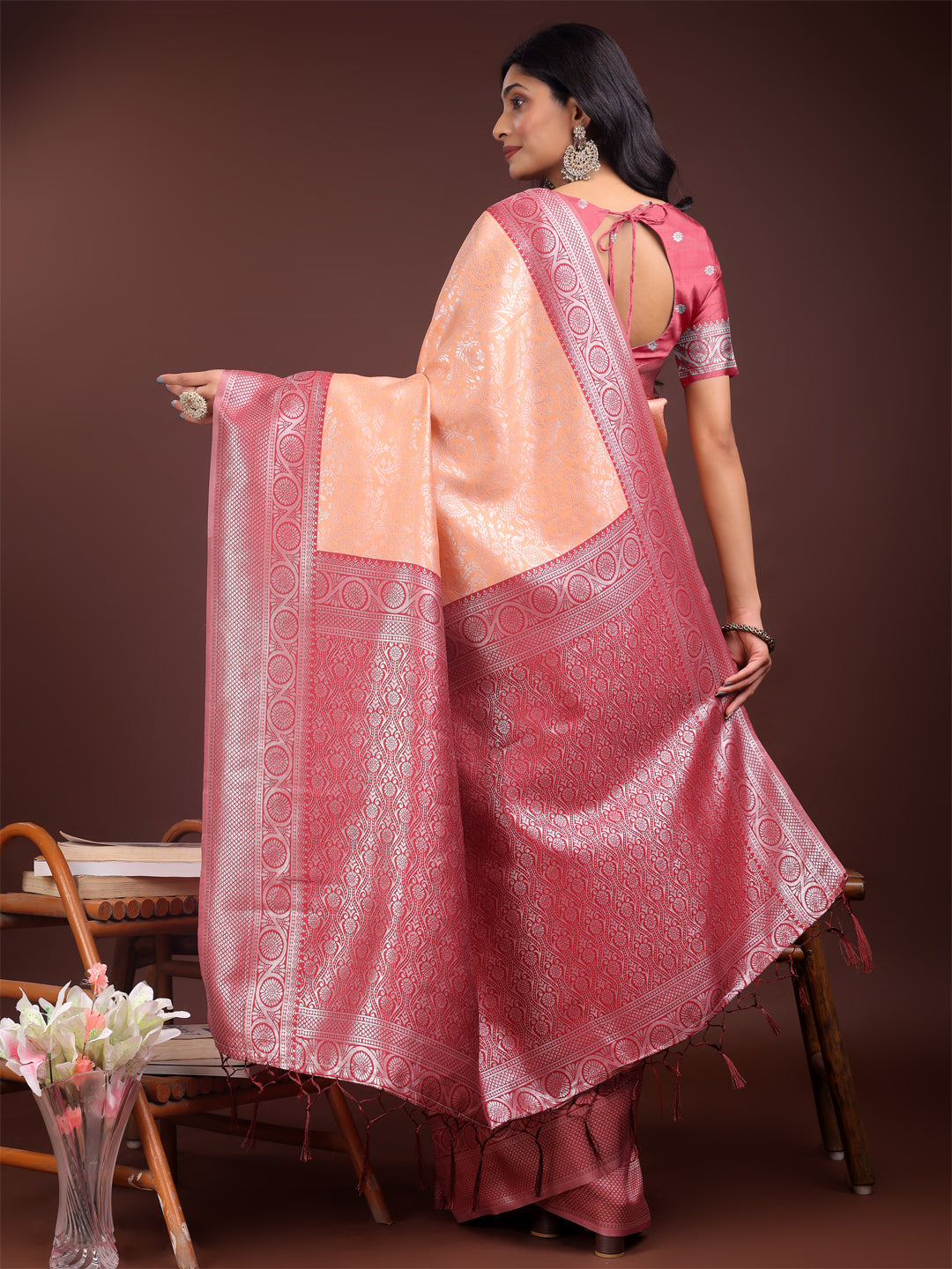 Orange & Maroon Banarasi Silk Saree with Zari Woven Border