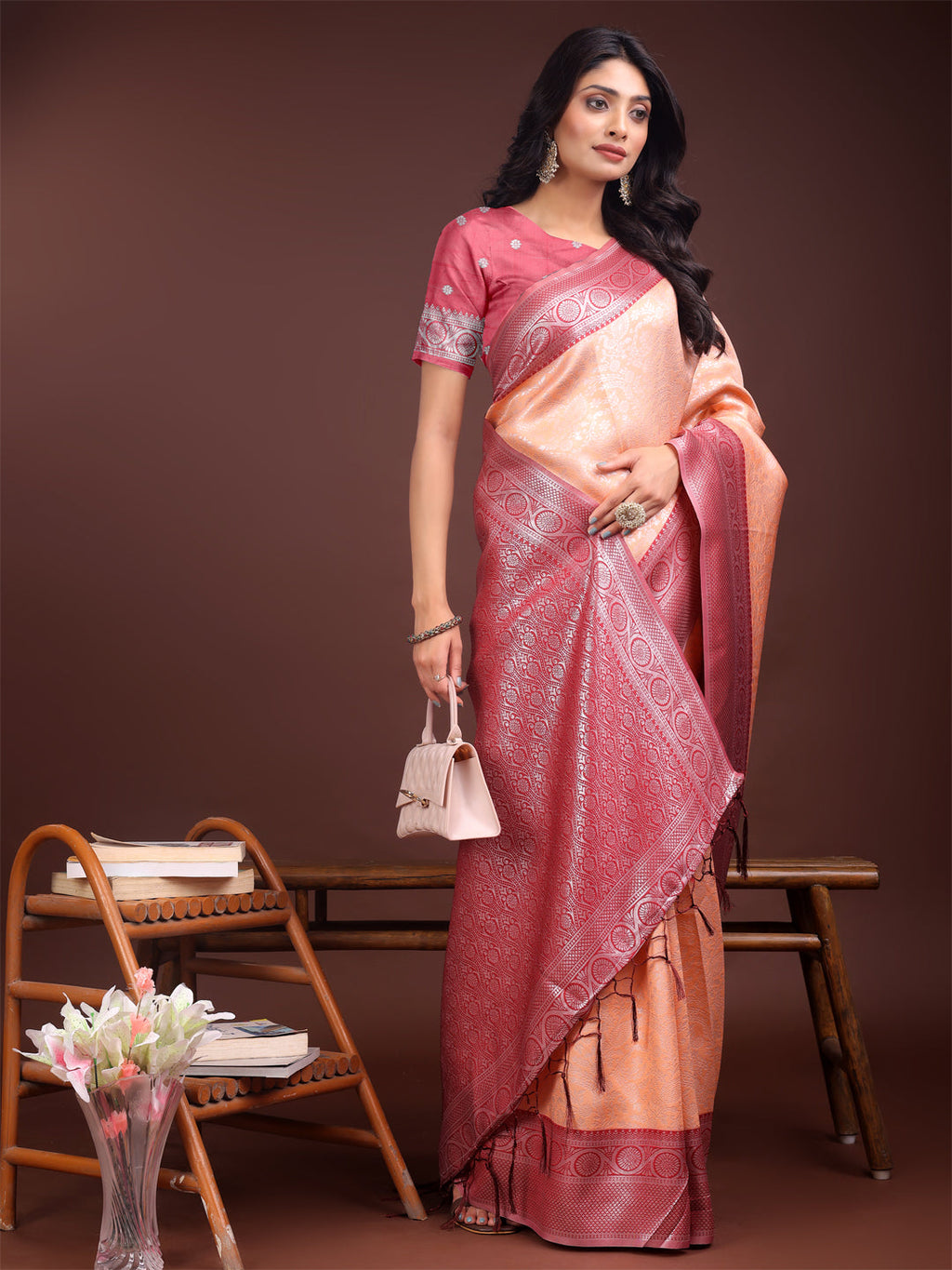 Orange & Maroon Banarasi Silk Saree with Zari Woven Border