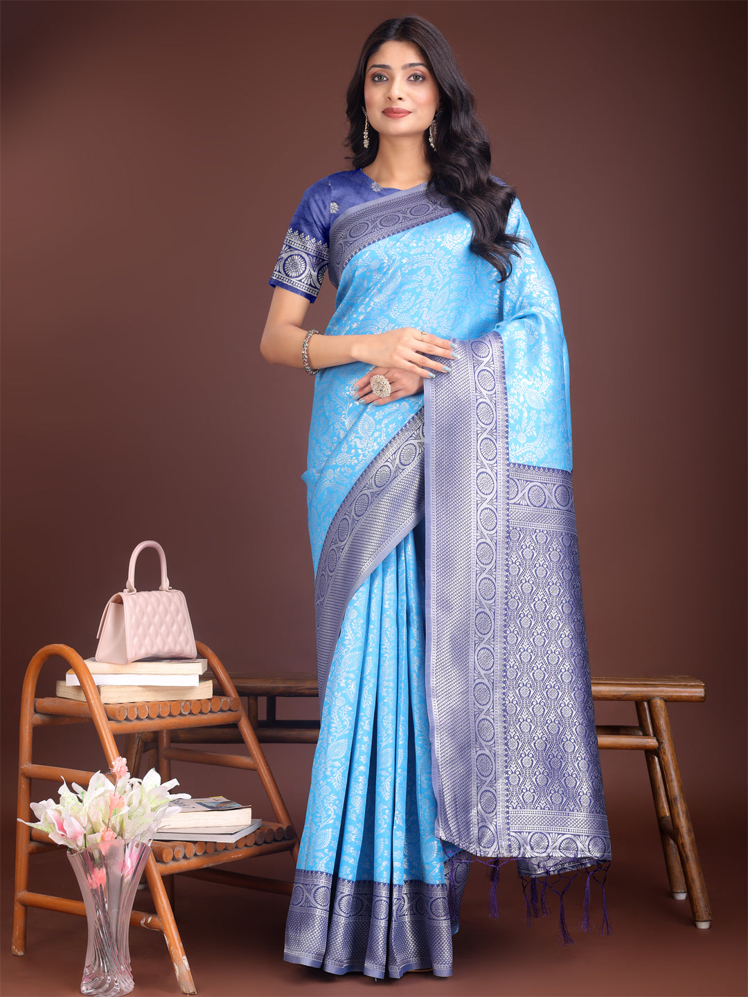 Sky Blue and Blue Banarasi silk saree with detailed gold zari woven border