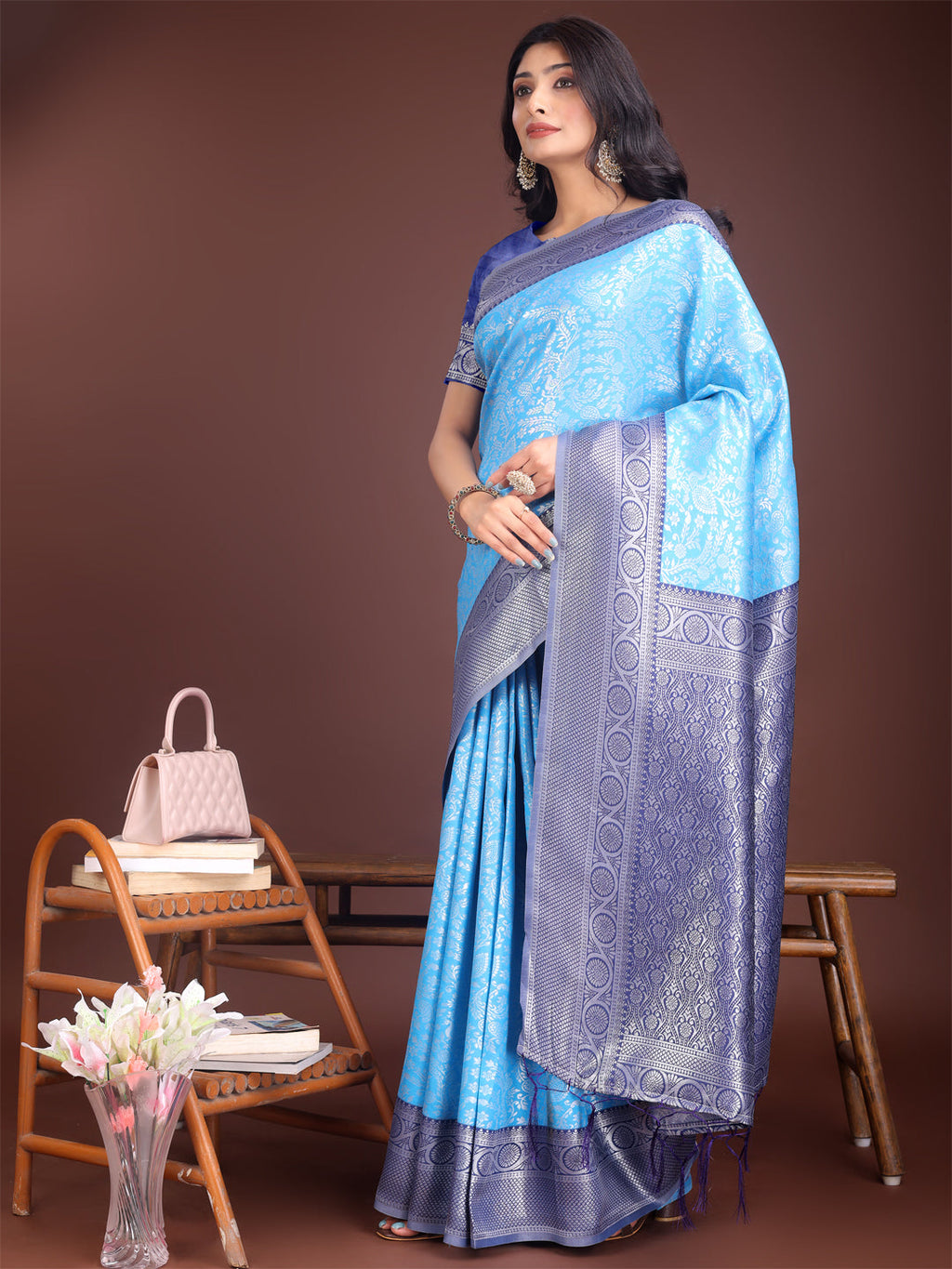 Sky Blue and Blue Banarasi Silk Saree with Rich Zari Woven Border
