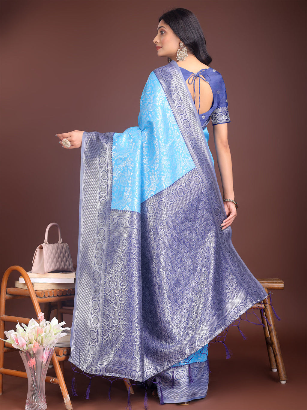 Sky Blue and Blue Banarasi Silk Saree with Rich Zari Woven Border