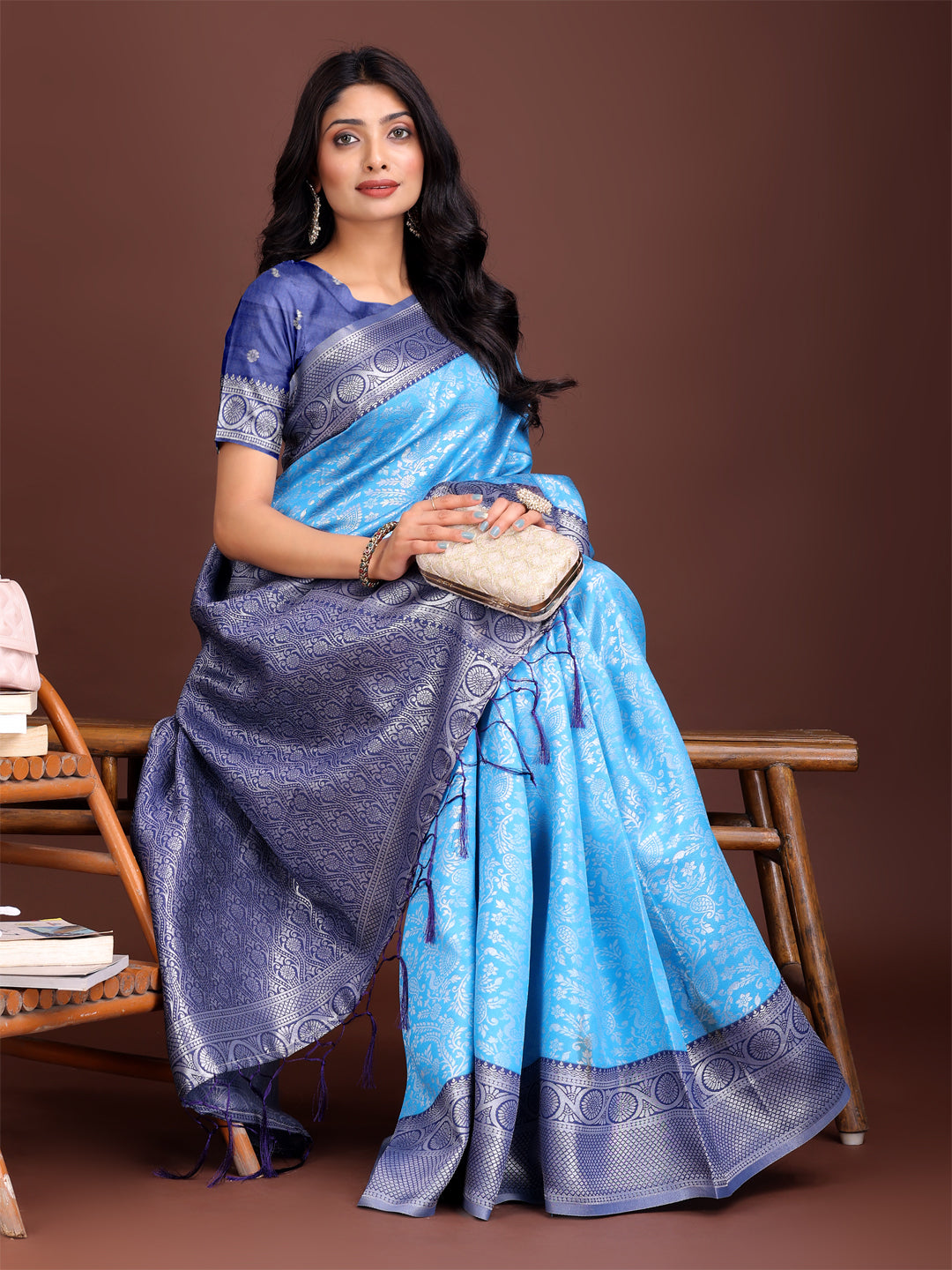 Sky Blue and Blue Banarasi Silk Saree with Rich Zari Woven Border