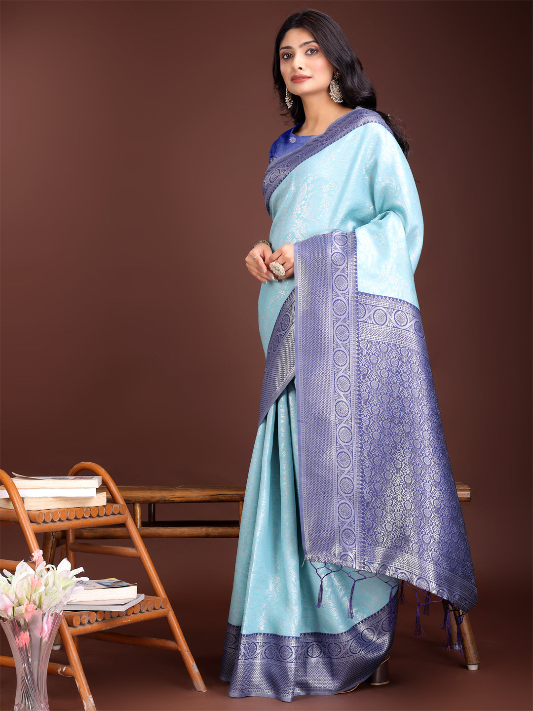 Teal and Blue Banarasi Silk Saree with Rich Zari Border