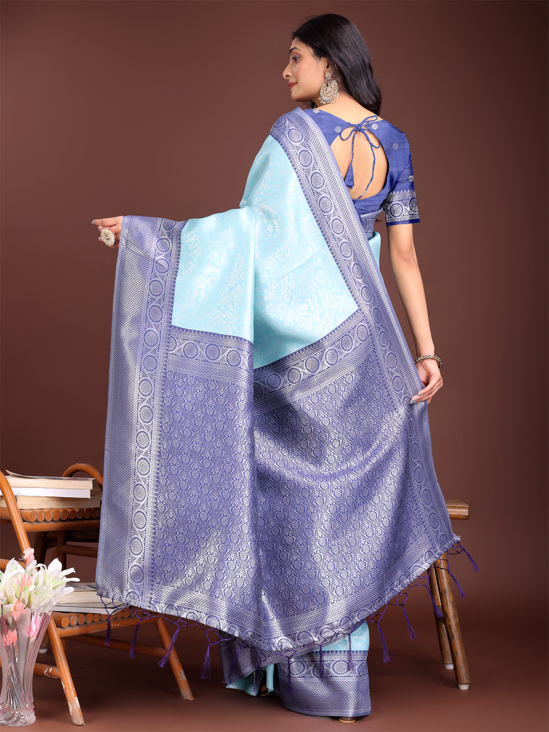 Teal and Blue Banarasi Silk Saree with Rich Zari Border